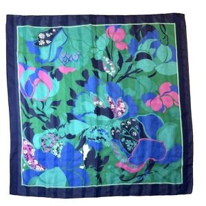 Vintage Floral Scarf Blue Green Pink Large Square Retro 80s 90s Head Neck Shawl